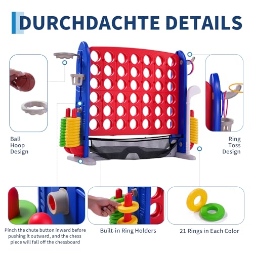 Jumbo 4 in a Row Game, Height Adjustable(2.7-3.2 ft) Outdoor Connect 4 w/Quick Release, Giant Connect Four with Basketball Hoop, Ring Toss & Net, Backyard Party Game for Adults Kids
