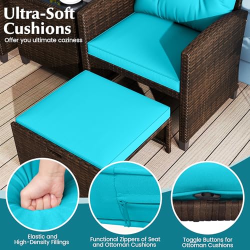 Tangkula 5 Pieces Patio Conversation Set, PE Wicker Outdoor Furniture Set with 2 Chairs, 2 Ottomans & Tempered Glass Coffee Table, Ideal for Poolside, Backyard, Lawn, Deck, Mix Brown & Turquoise - color: Mix Brown & Turquoise