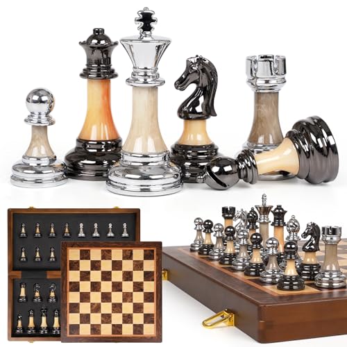 Luxury Large Chess Set 17 Inch Wooden Chess Board with Metal and Acrylic Chess Pieces, 3.5" King, 2 Extra Queens, Foldable Tournament Chess Set for Adults and Kids, Gift Display Chess Game Collection