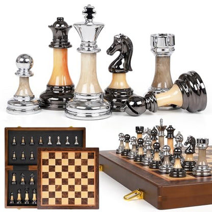 Luxury Large Chess Set 17 Inch Wooden Chess Board with Metal and Acrylic Chess Pieces, 3.5" King, 2 Extra Queens, Foldable Tournament Chess Set for Adults and Kids, Gift Display Chess Game Collection