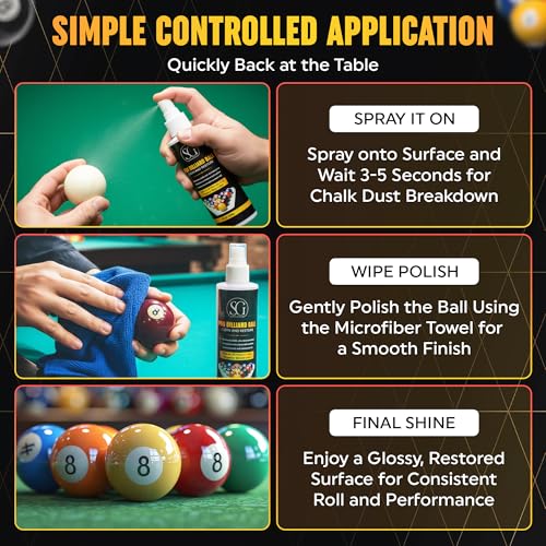 Billiard Ball Cleaner and Restorer with Cleaning Cloth - Pool Ball Cleaner for Consistent Roll, Billiard Ball Cleaner Spray for Professional Care - Removes Chalk Residue, Dust, Dirt, and Grime - 8 Oz