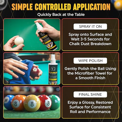 Billiard Ball Cleaner and Restorer with Cleaning Cloth - Pool Ball Cleaner for Consistent Roll, Billiard Ball Cleaner Spray for Professional Care - Removes Chalk Residue, Dust, Dirt, and Grime - 8 Oz