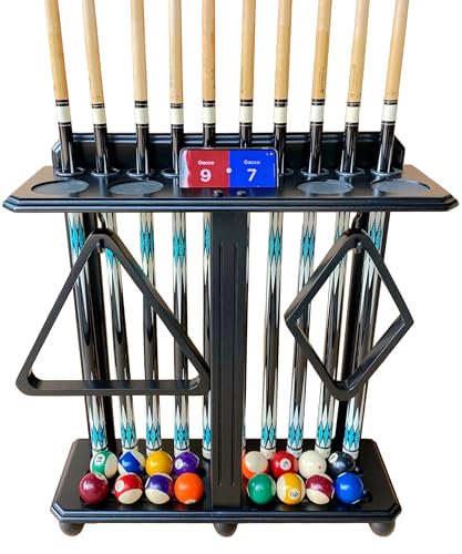 Premium Solid Hardwood Pool Cue Stick Holder Floor Standing - Wooden Billiard Rack forTen Cues and Full Table Accessories, Elegant Durable Storage for Game Room - color: Ebony Black
