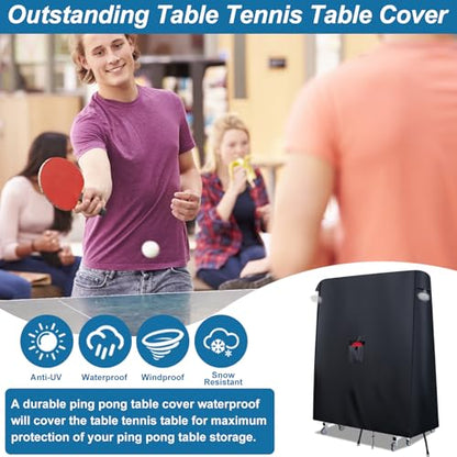 Table Tennis Cover Outdoor Waterproof，Heavy Duty 420D Ping Pong Table Cover with Paddle Pocket,Windproof Buckle,2 Air Vents，Universal Folding Ping Pong Table Cover Fits 9x5 FT Foldable Pingpong Tables