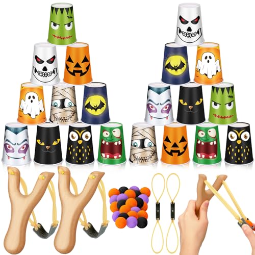 Leitee Halloween Games for Kids Adults Halloween Toss Games Carnival Party Game 24 Stacking Cups 2 Wooden Slingshot 2 Spare Slingshot Rubber Band 20 Felt Fake Balls for Family School Trick or Treat - color: Classic Color, style: Horrible Style