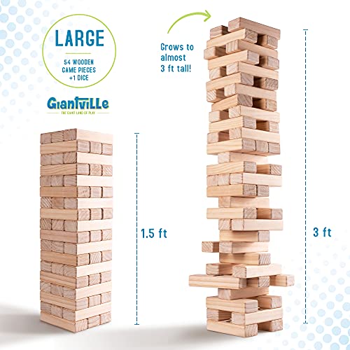 Giantville Giant Tumbling Timber Toy - Premium Pine Wood Life-Size Blocks Tower - Big Floor/Board Indoor/Outdoor Yard Game for Kids & Adults - 54-Pieces + Dice + Carry Bag - Grows to Almost 3-Feet - size: Large