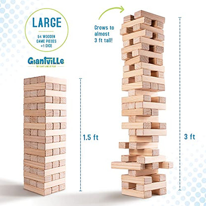 Giantville Giant Tumbling Timber Toy - Premium Pine Wood Life-Size Blocks Tower - Big Floor/Board Indoor/Outdoor Yard Game for Kids & Adults - 54-Pieces + Dice + Carry Bag - Grows to Almost 3-Feet - size: Large