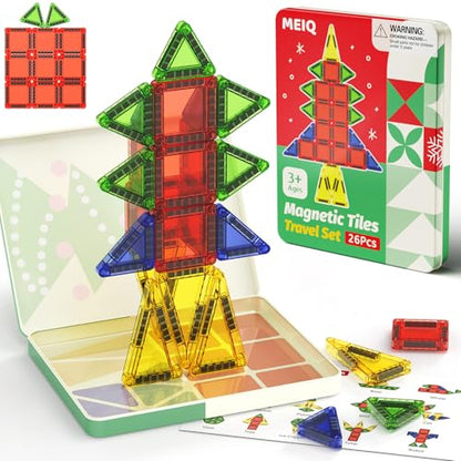 Travel Magnetic Tiles for Kids, 26 PCs Mini Magnetic Building Blocks with Festive Iron Storage Box, STEM Travel Toys for Toddlers Ages 3-5+, Educational Learning Gift for Boys & Girls - size: Travel