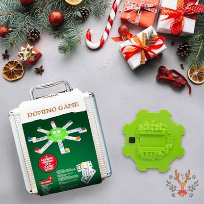 Yinlo Mexican Train Dominoes Set with Sound Effects, Mexican Train Dominoes Game for Travel, 91 Tiles Double12 Colored Dominoes Game Set with Aluminum Case - style: DOT DOMINOES with GREEN HUB