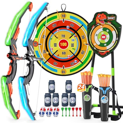 HYES 2 Pack Kids Bow and Arrow with 29" Large Dart Board, LED Light Up Archery Set with 24 Suction Cup Arrows, Indoor Outdoor Sport Toys Gifts for 3 4 5 6 7 8 9 10 11 12 Year Old Boys Girls - size: 2 pack-dartboard target