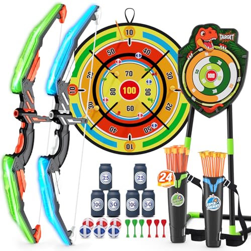 HYES 2 Pack Kids Bow and Arrow with 29" Large Dart Board, LED Light Up Archery Set with 24 Suction Cup Arrows, Indoor Outdoor Sport Toys Gifts for 3 4 5 6 7 8 9 10 11 12 Year Old Boys Girls - size: 2 pack-dartboard target