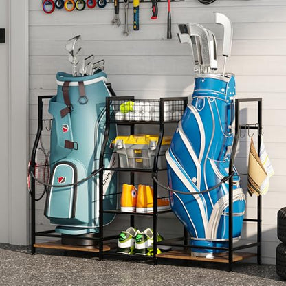 Jsskeeim Golf Bag Storage Organizer for Garage Organization, Golf Bag Stand for Golf Bag Accessories, Spacious Golf Rack for Golf Clubs & Golf Essentials, Ideal Golf Gifts for Men (Fits 2 Golf Bags) - style: 2 Bags