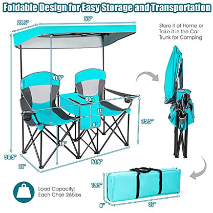 S AFSTAR Double Camping Chair w/Shade Canopy, 2-Person Folding Camp and Beach Chair with Mini Table Beverage Cup Holder Carrying Bag, Collapsible Camping Chairs for Garden Patio Pool Beach - color: Turquoise
