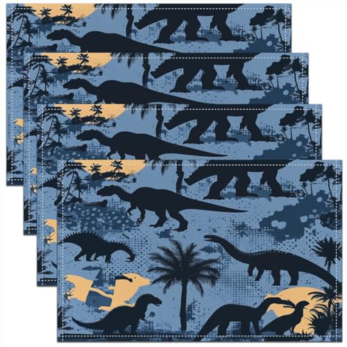 Erosebridal Set of 4 Dinosaur Placemats 12X18 Inch,Cartoon Wild Animals Wildlife Place Mats for Youth Teens Boys Kids Child,Natural Coconut Tree Silhouette Waterproof Placemats for Kitchen Table - color: Grayish Blue Yellow Black