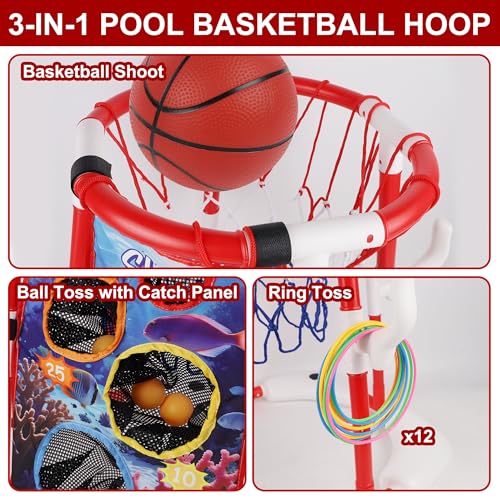 yofit 3-in-1 Pool Basketball Hoop Set, Floating Pool Toys with 14 Balls 12 Rings Toss Games Pump, Outdoor Summer Basketball Game at Swimming Poolside for Kids Ages 4-12 Adults Family Fun - color: Red