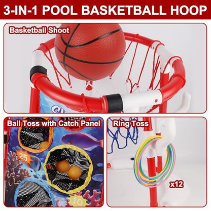yofit 3-in-1 Pool Basketball Hoop Set, Floating Pool Toys with 14 Balls 12 Rings Toss Games Pump, Outdoor Summer Basketball Game at Swimming Poolside for Kids Ages 4-12 Adults Family Fun - color: Red