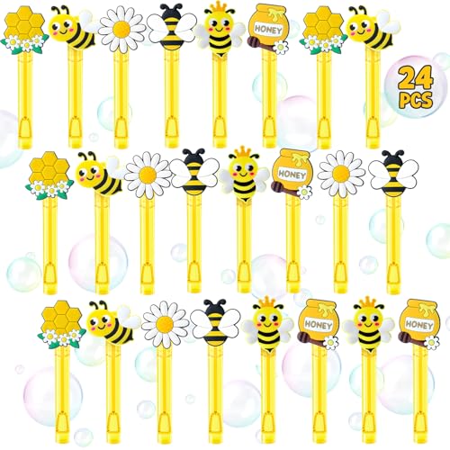 Winrayk Bee Party Favors, 24Pcs Bee Themed Mini Bubble Wands for Kids Bubbles Bulk with Detachable Topper (6 Styles & Colors), Birthday Gift Easter Goody Bag Stuffer Classroom Prizes Honey Party Favor - style: Bee