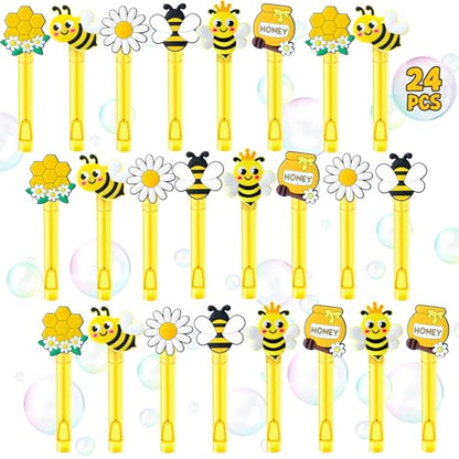 Winrayk Bee Party Favors, 24Pcs Bee Themed Mini Bubble Wands for Kids Bubbles Bulk with Detachable Topper (6 Styles & Colors), Birthday Gift Easter Goody Bag Stuffer Classroom Prizes Honey Party Favor - style: Bee