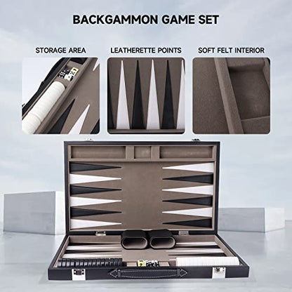 GSE Premium Leather Backgammon Board Game Set, Black&Grey, Medium | Premium Leather, Travel Folding Board, Classic Game Set, Leather Case Included - color: Leather-black&grey, size: Medium