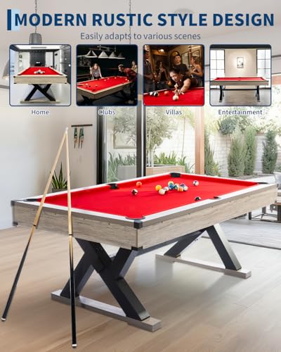 7 FT Billiard Table, 84 x 46 x 32 Inch, Rustic Grey Finish Pool Table with Metal K-Leg, Professional Playing Cloth, Complete Set of 2 Cues, 16 Balls, Chalk, Triangle & Brush, for Home Game Room - color: Red Cloth