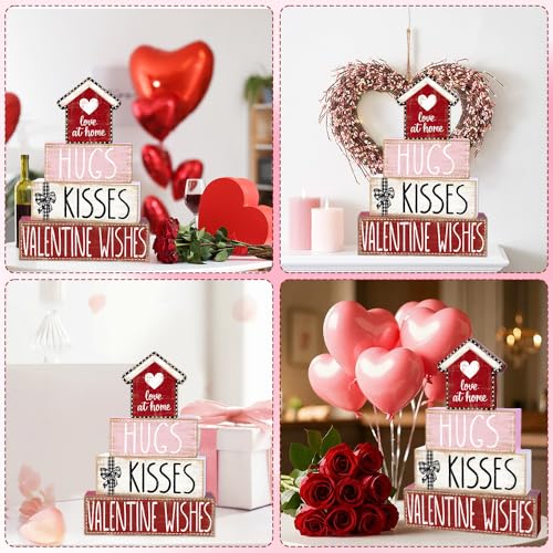 DIYDEC 4Pcs Valentine's Day Table Decoration Valentine House Wooden Block Signs Rustic Valentine Tiered Tray Decor Valentines Day Centerpiece Sign for Farmhouse Holiday Tabletop Home Party Decor - style: Valentine House