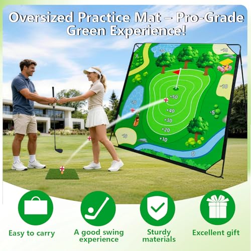 Portable Golf Chipping Game Set- 70"x70" Sticky Golf Mat Game with Adjustable Golf Club/Hitting Mat/25 Balls, Gifts for Adults, Kids, Golfers to Practice in Outdoor, Indoor or at Family Parties