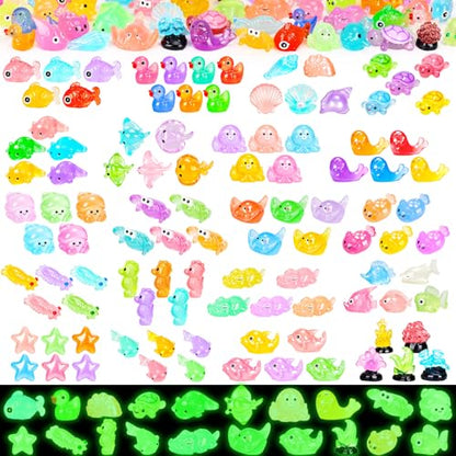 120PCS Luminous Mini Ocean Resin Animals 20 Style Glow in The Dark Tiny Sea Animal Figurines Miniature Plastic Animals Aquarium Decoration for DIY Crafts Fish Tank Potted Fairy Garden Dollhouse - style: 120Pcs-Ocean
