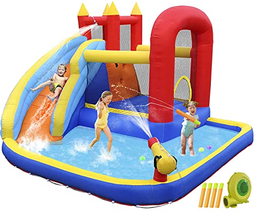 JOYLDIAS Inflatable Water Slide Bounce House,Slide Bouncer Castle Playhouse w/Splash Pool,Jump Area, Climbing Wall,Basketball Hoop,450W Air Blower for Kids Backyard Indoor Outdoor Use,Free Water Gun - color: 5 in 1