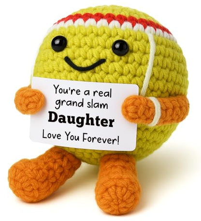 Mini Positive Crochet Tennis Ball Gifts for Women Men - Handmade Crochet Tennis Ball, Motivational Encouragement Christmas White Elephant Gift for Tennis Balls Lover Coworker Friend Coach - style: Daughter