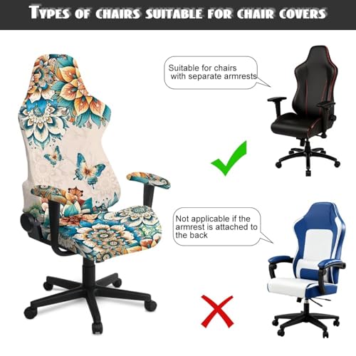 Butterfly Print Gaming Chair Covers Boho Mandala Flower Print Gamer Chair Cover Set with 2 Armrest Covers for Swivel Rotating Chairs, Machine Washable - color: Brown - Butterfly Boho Mandala Flower