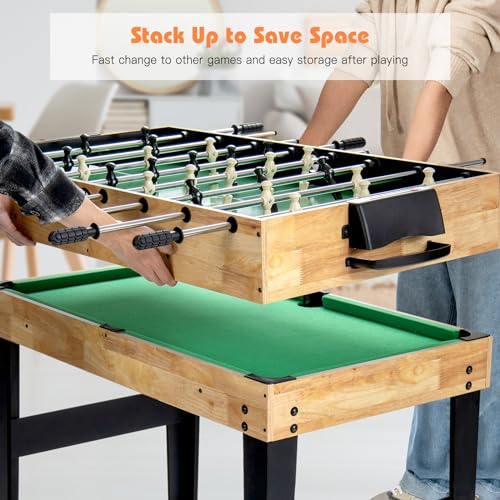 GYMAX Multi Game Table, 10 in 1 Combo Game Table w/Foosball Table, Hockey, Pool Table, Ping Pong, Shuffleboard, Bowling & 4 Board Games, Game Tables for Game Room, Home, Family - color: Natural