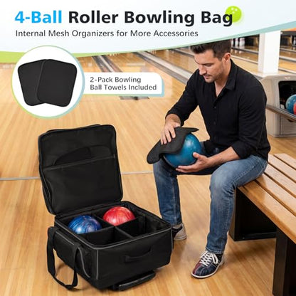 4 Ball Bowling Bag with Wheels,Integrated Main Compartment,900D Heavy Duty Bowling Roller Bag with Shoe Compartment, Telescoping Handle,Multiple Accessory Pockets for League Tournament Travel