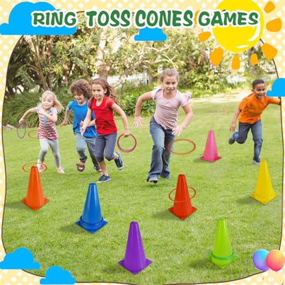 3-in-1 Ring Toss Game Set with Cones, Bean Bags and Rings, 34 Pieces, Multicolor Plastic Carnival Games for Kids Birthday and Family Party, Outdoor Yard Game