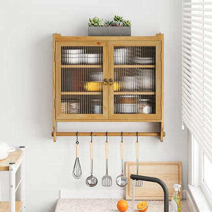 Retro Style Haze Double Glass Door Wood Wall Cabinet with Detachable Shelves for Office, Dining Room,Living Room, Kitchen and Bathroom Natural - color: Natural