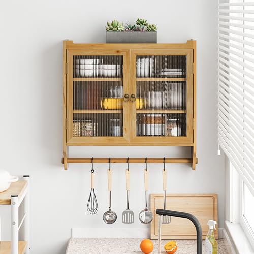 Retro Style Haze Double Glass Door Wood Wall Cabinet with Detachable Shelves for Office, Dining Room,Living Room, Kitchen and Bathroom Natural - color: Natural