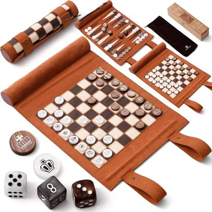 Woodronic 3 in 1 Travel Chess Backgammon Checkers Set, Roll-up Leather Backgammon Set with 32 Premium Pearl Pieces and 5 Dices, Portable Travel Chess Board Game Set for Adult,14x10 Inch - color: Brown