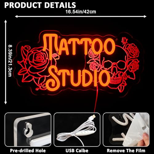 Tattoo Studio Neon Sign for Wall Decor, Red Rose Flower Led Signs for Business, USB Dimmable Skull Neon Lights for Tattoo Piercing Salon Beer Bar Pub Garage Man Cave Gothic Party Decor - style: Tattoo Studio
