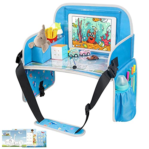MENZOKE Kids Travel Tray, Car Seat Tray for Kids Travel, Toddler Essentials Girls with Tablet Holder, Road Trip Essentials with Cooler Cup Holder, Dry Erase Board & Storage Pocket for Airplane, Blue - color: Blue Aquarium