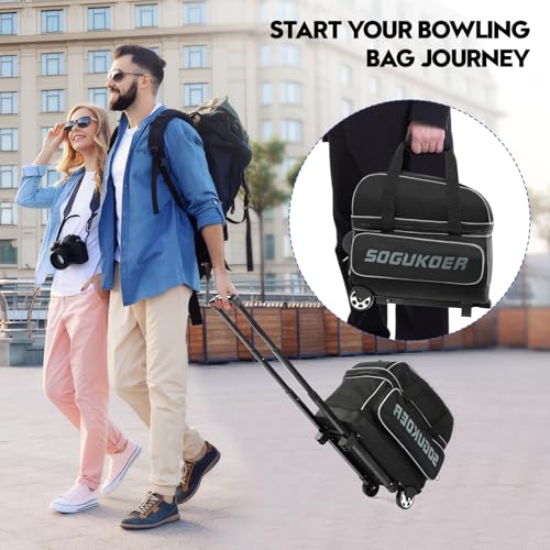 2 Bowling ball Bag with Wheels, Lightweight Trolley Double Ball Bowling bag with Large Separate Shoe Compartment and Oversized Accessory Pocket, Retractable Handle Extends To 39.5" - color: Black & Grey