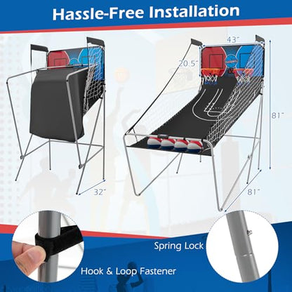 GYMAX Arcade Basketball Game Indoor Foldable with 8 Game Modes, Arcade Sound, 4 Balls and Inflation Pump, Electronic Basketball Games for Home - color: Red+blue