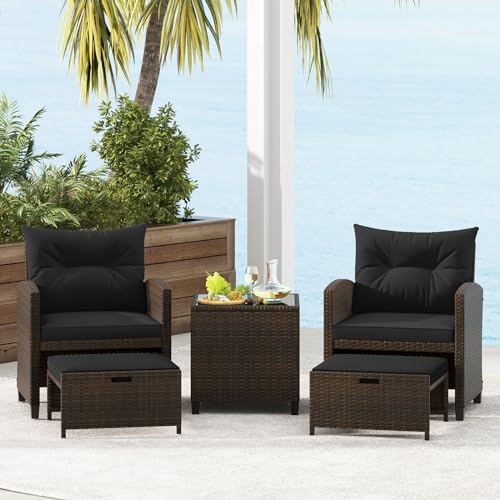 Tangkula 5 Pieces Patio Conversation Set, PE Wicker Rattan Outdoor Furniture Set with 2 Chairs, 2 Ottomans & Tempered Glass Coffee Table, Ideal for Poolside, Backyard, Lawn, Deck, Mix Brown & Black - color: Mix Brown & Black