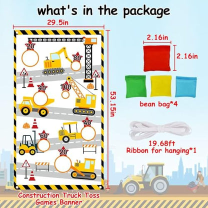 Construction Truck Toss Game Banner with 4 Bean Bags ，Indoor Outdoor Excavator Throwing Theme Party Game Banner with 7 Score Holes for Adults Birthday Party Decorations （Yellow）