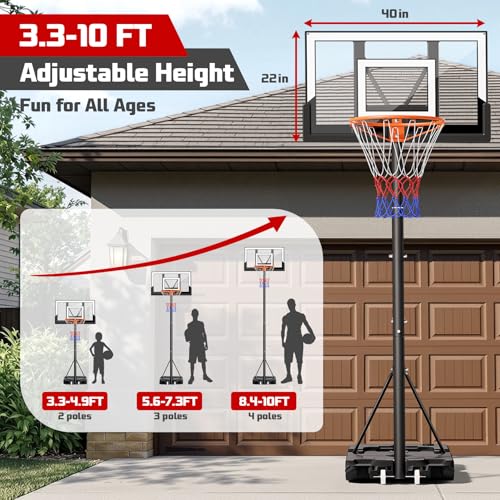 Yohood Basketball Hoop Outdoor 10FT with Shatterproof 40 Inch Backboard, Portable Basketball Hoop Goal System for Kids/Youth/Adults in Backyard/Driveway/Indoor