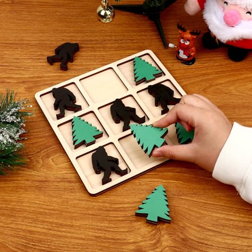 Wooden Tic Tac Toe Game, 10 Wood Pieces with Pine Tree & Bigfoot Motifs, Portable Tabletop Game for Camping, Adult Party Games, Family Game Night,Travel Games (Bigfoot)