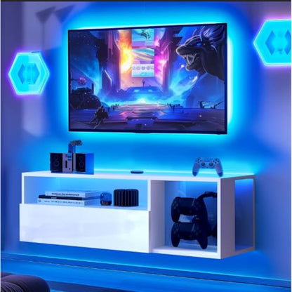 55" White TV Gaming Console with LED Lights - 4 Controller Hooks & 2 Headphone Hooks, Hidden Storage Cabinet, 30KG Top Load Capacity (White + Particle Board,Small) - size: Small