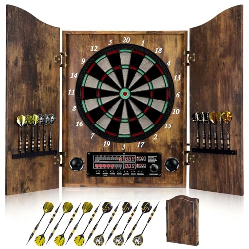 Electronic Dart Board, Decorative Dart Board Cabinet Set for Adults [12*Bronze Soft Tip Darts] [Cricket Game Mode]- Wooden Electric Dartboard Cabinet for Family Game Rooms - style: VINTAGE