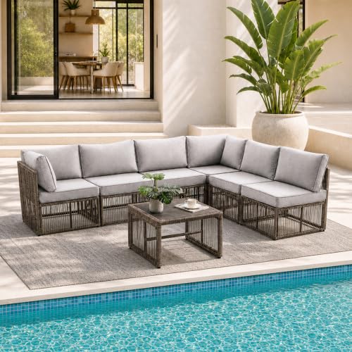 7 Piece Outdoor Patio Furniture Set, Wicker Sectional Sofa,Thick Cushions, All Weather Rattan Conversation Sets with Arm Chairs and Coffee Table for Backyard, Porch, Balcony, Deck, Garden - color: Grey, size: 7 Pieces