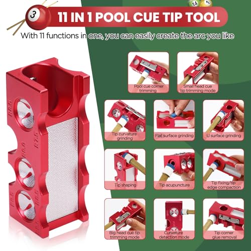 11-in-1 Aluminum Alloy Pool cue Tips Replacement kit,Pool cue tip Shaper,Professional Cue Stick Tool Kit,Pool cue Shaper Accessories for Replacement and Shaping Cue Tips (Red)