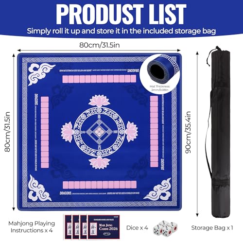 Mahjong Mat with Rules 31.5"x31.5" with Dice,2026 Mah jongg Card & Bag,Blue | Non-slip Noise-reducing Travel Game Night Christmas Mother’s Day Gift for Mahjong Lovers Family Gathering Poker Dominoes Mat - color: Blue