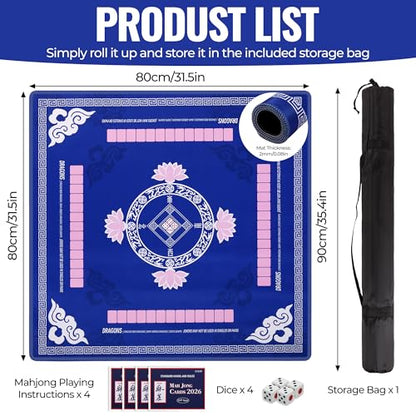 Mahjong Mat with Rules 31.5"x31.5" with Dice,2026 Mah jongg Card & Bag,Blue | Non-slip Noise-reducing Travel Game Night Christmas Mother’s Day Gift for Mahjong Lovers Family Gathering Poker Dominoes Mat - color: Blue